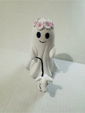 Halloween ghost with dog on leash Figurine with Floral Crown BNWT
